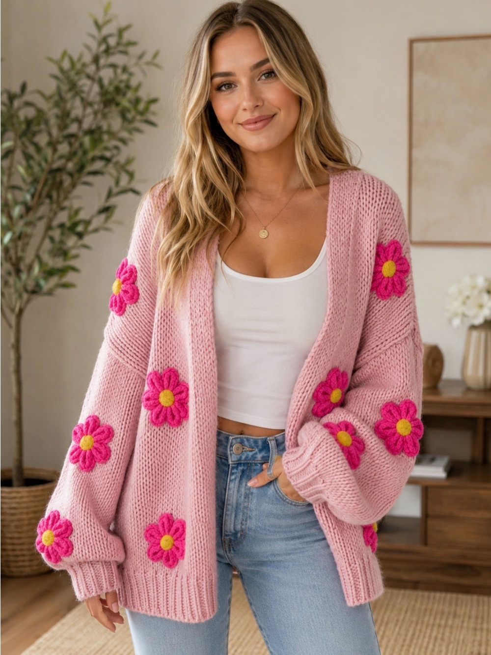 Pink Floral Appliqué Chunky Open-Front Cardigan - Women Sweater